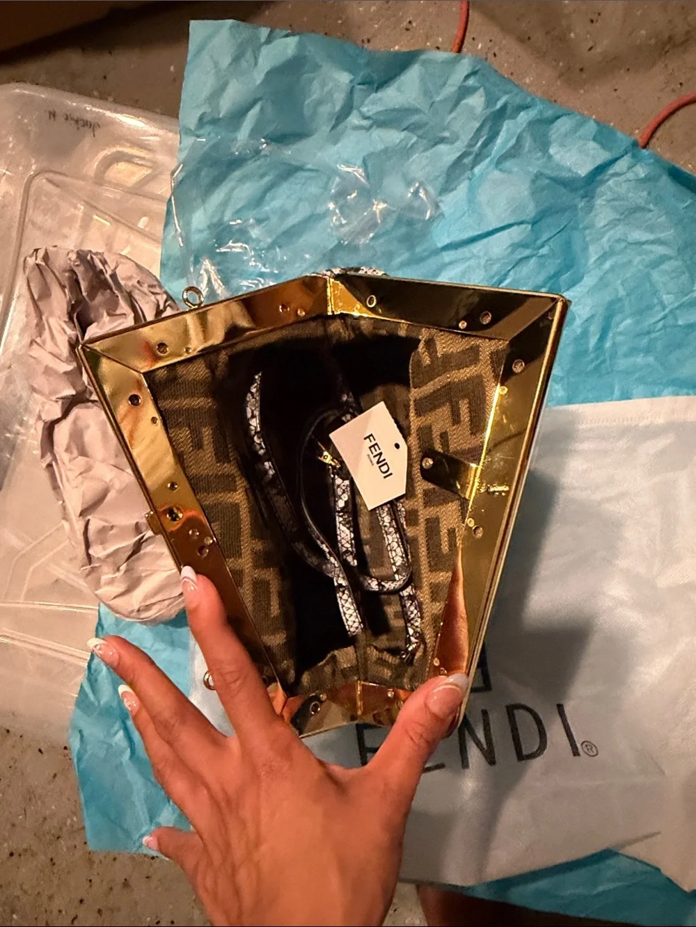 Fendi Black & Cream Python-Print Frame Clutch